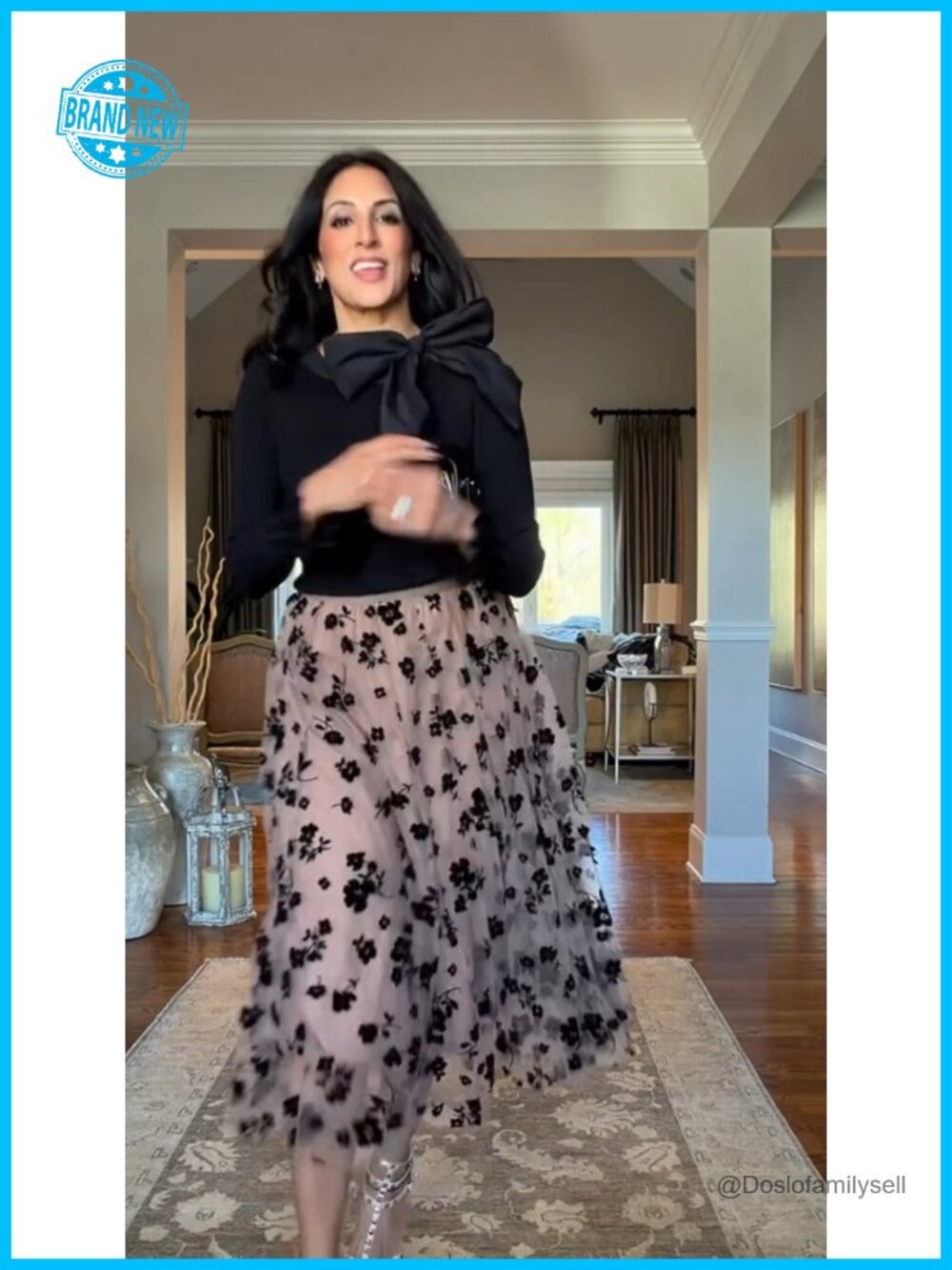3D Posy Double-Layered Mesh Midi Skirt - Romantic Floral High Rise A-Line - Picture 7 of 7